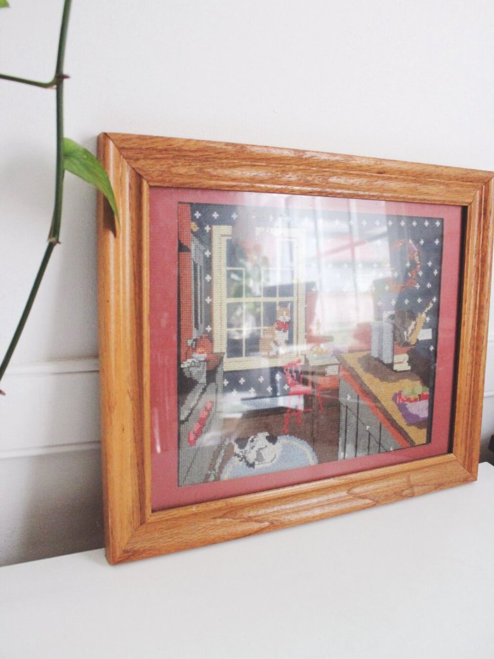 Vintage Framed Cross Stitch Art Kitchen Kittens Cozy Country Home Cat Cottagecor - Picture 2 of 8